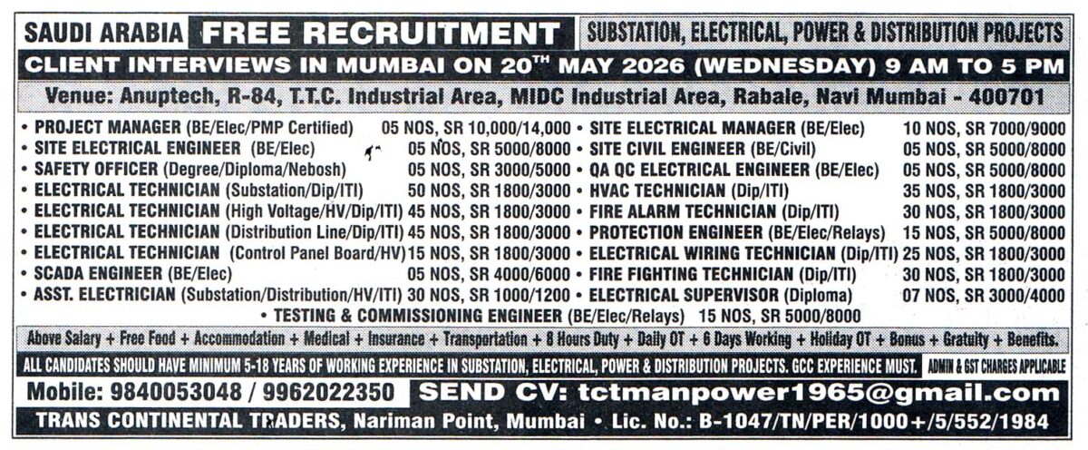 SITE ELECTRICAL ENGINEER Job in Saudi Arabia