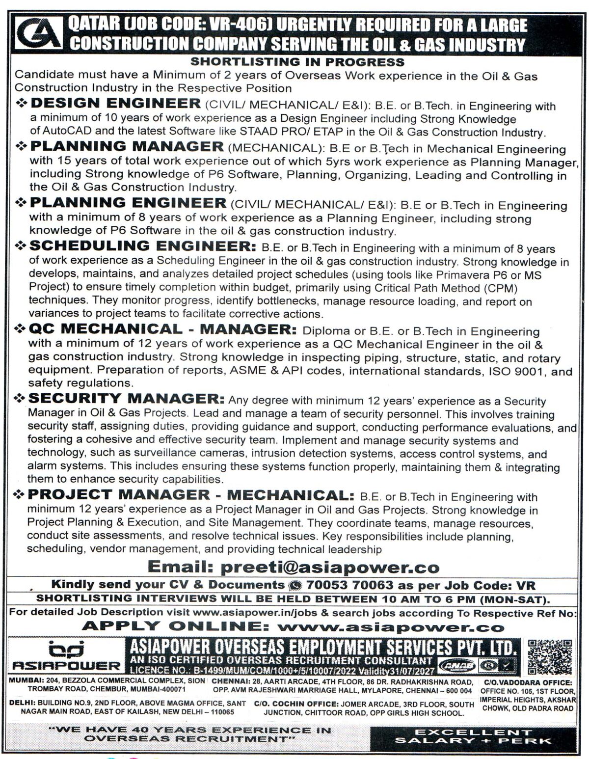 SCHEDULING ENGINEER Job in Qatar