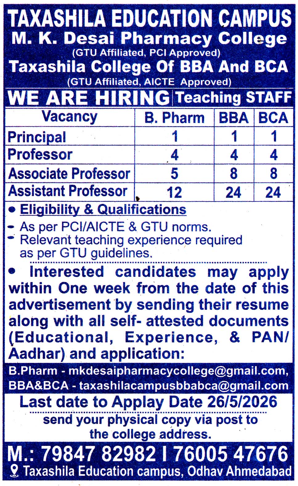 Taxashila Education Campus Ahmedabad Recruitment Taxashila Education Campus Ahmedabad Recruitment