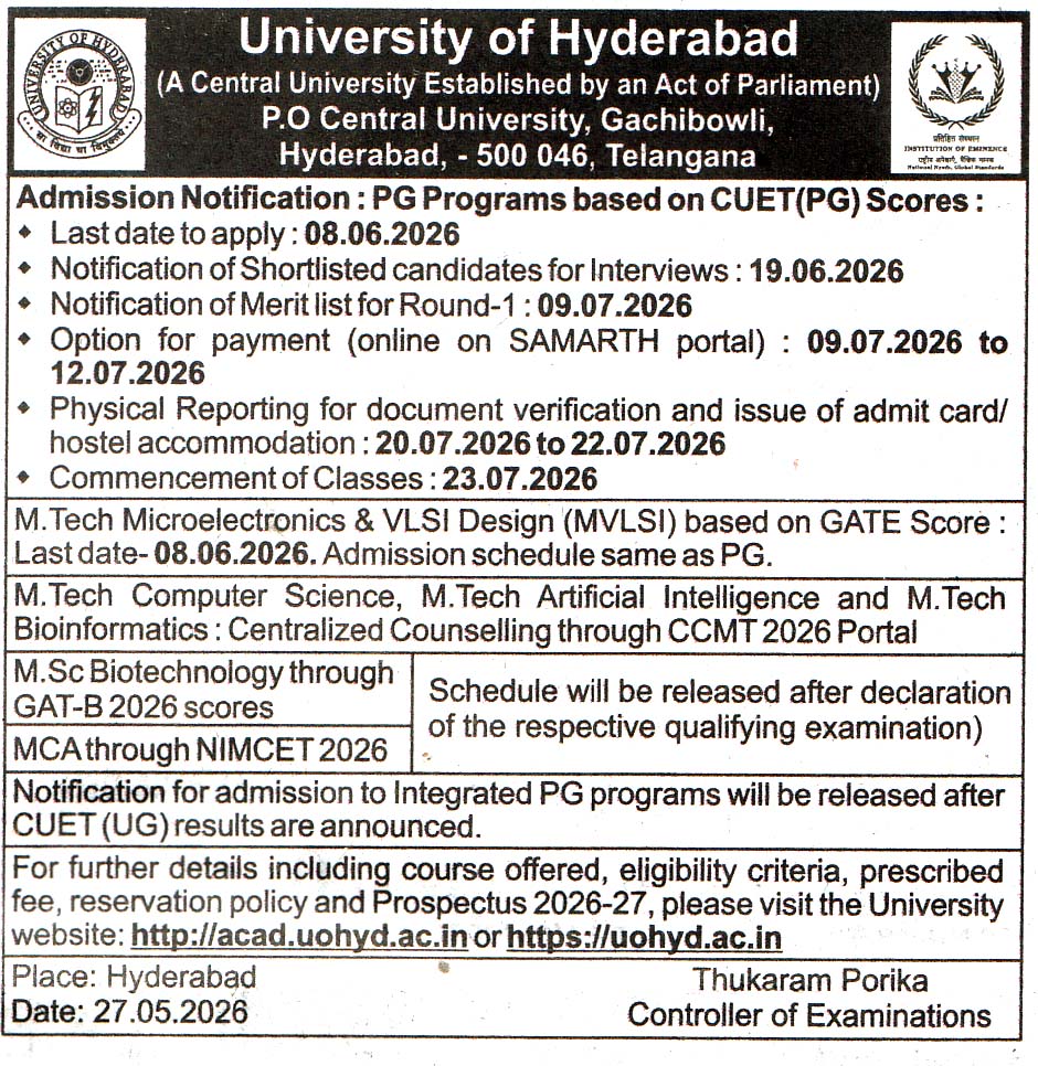 University Of Hyderabad Telangana Recruitment