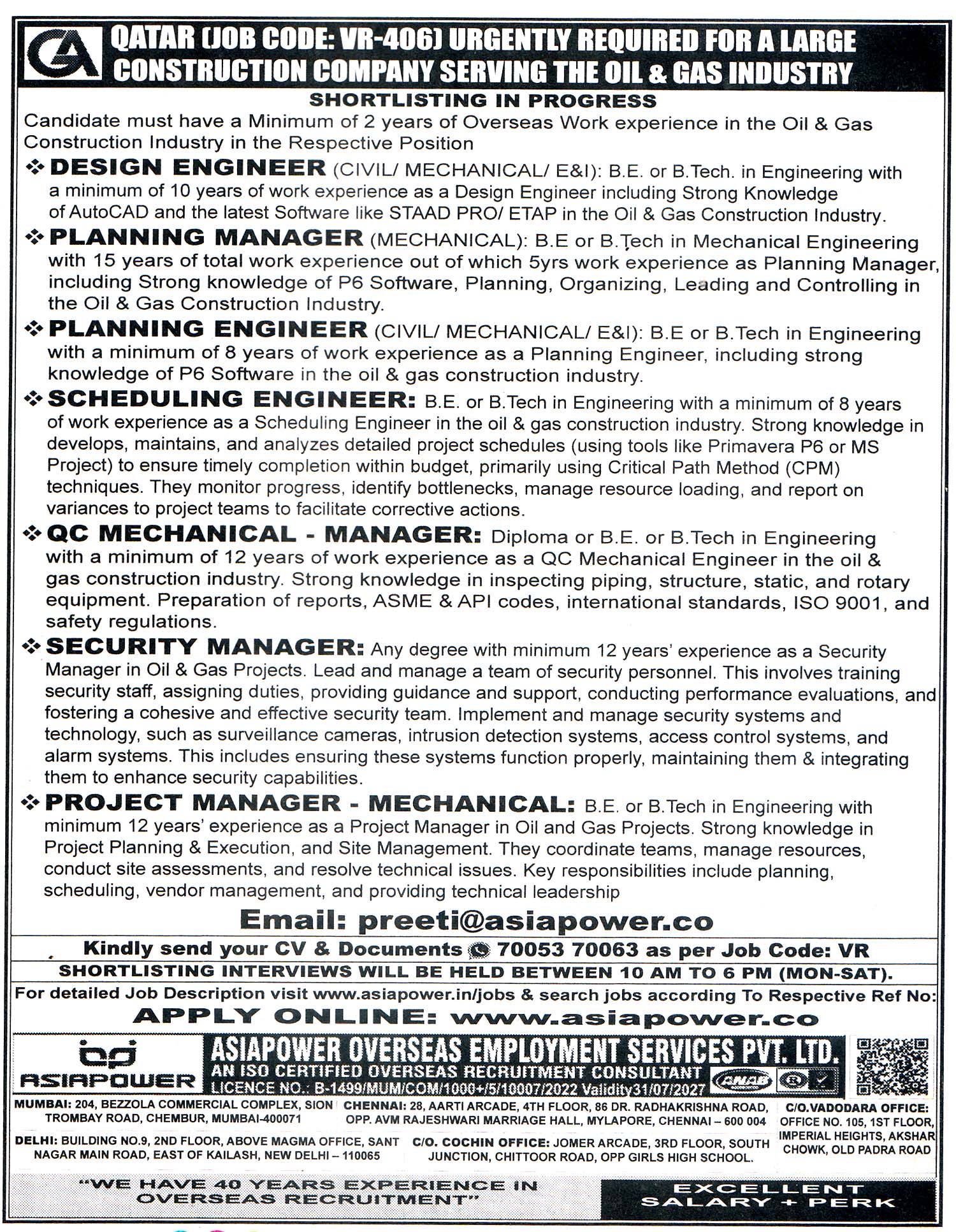 SCHEDULING ENGINEER Job in Qatar