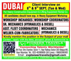 Dubai heavy equipment workshop jobs advertised by Pioneer Travels