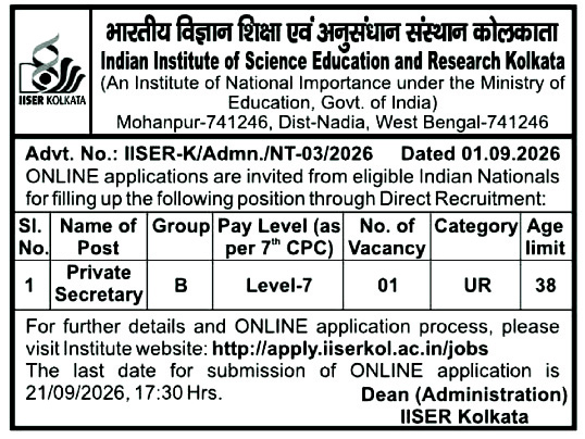 IISER Kolkata Private Secretary Recruitment 2026 IISER Kolkata Private Secretary Recruitment 2026
